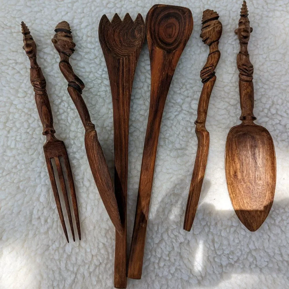 Bundle of six (6) dark, rich wood teak wooden hand-carved utensils